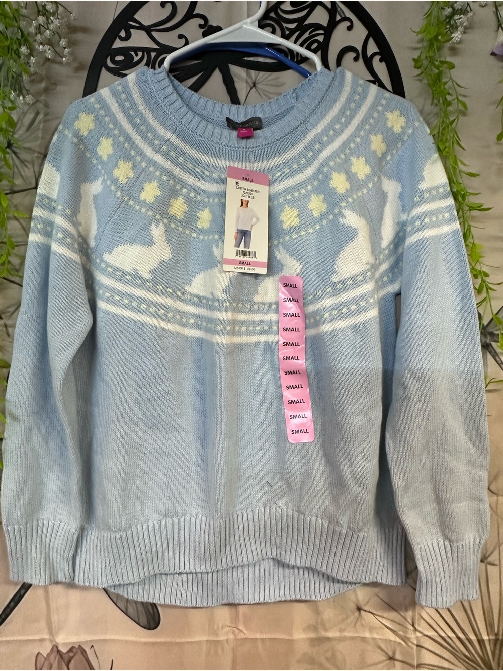 Vince Camuto Light Blue Fair Isle Bunny Crewneck Sweater